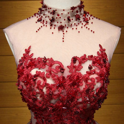 Burgundy Lace Appliques Beading Backless Homecoming Dress
