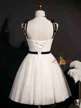 A-Line Ivory Tulle Lace Button Homecoming Dress