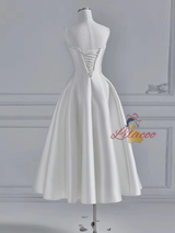 White Satin Spaghetti Straps Wedding Dress