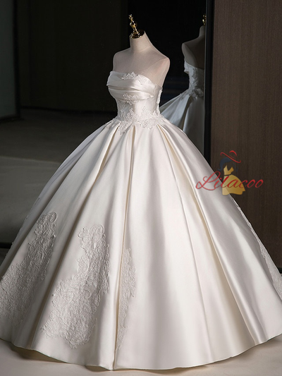 Ivory Ball Gown Satin Strapless Lace Wedding Dress