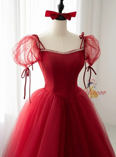 Burgundy Tulle Puff Sleeve Beading Prom Dress