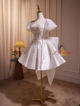 White Satin Bow Beading Homecoming Dress