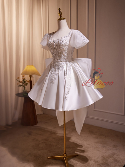 White Satin Bow Beading Homecoming Dress