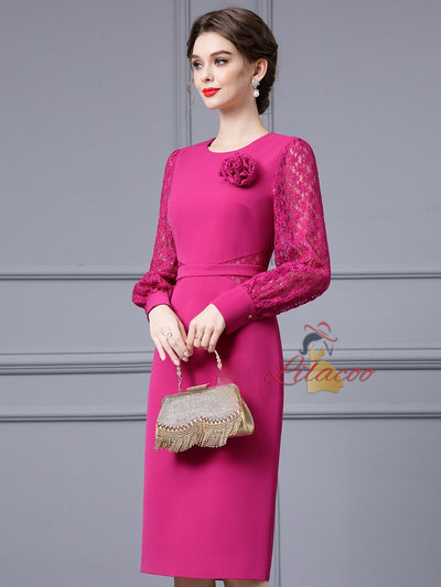 Fuchsia Lace Long Sleeve Mother Of The Bride Dress
