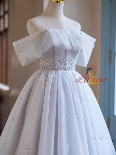 Gray Tulle Off the Shoulder Beading Homecoming Dress
