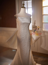 White Mermaid Lace Satin Strapless Bow Wedding Dress