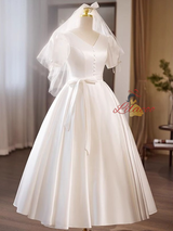 White Satin V-neck Button Wedding Dress
