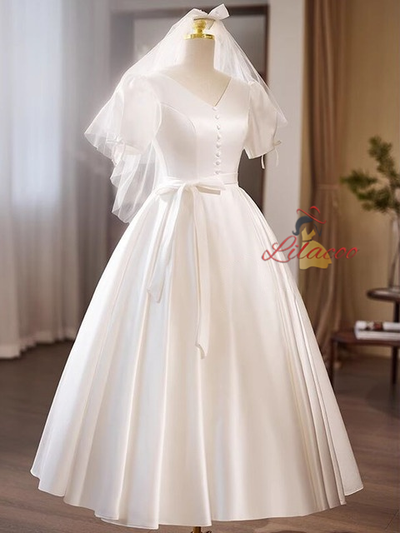 White Satin V-neck Button Wedding Dress