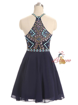 Navy Blue Halter Chiffon Beading Homecoming Dress