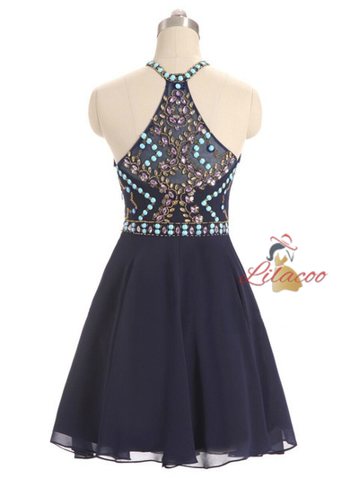 Navy Blue Halter Chiffon Beading Homecoming Dress