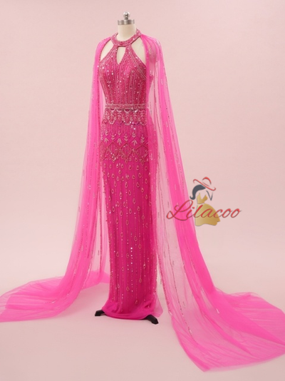 Fuchsia Mermaid Tulle Halter Beading Sequins Prom Dress