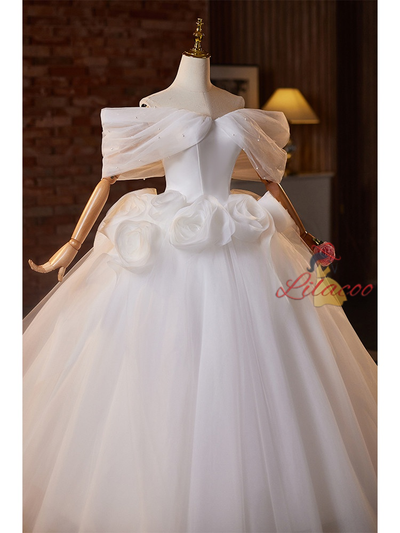 White Tulle Off the Shoulder 3D Flower Wedding Dress