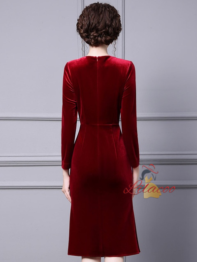 Burgundy Velvet Long Sleeve Mother Of The Bride Dress