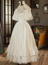 White Satin Lace Puff Sleeve Wedding Dress