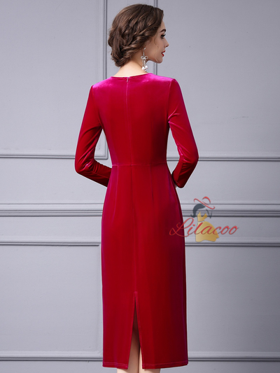 Fuchsia Velvet Long Sleeve Pleats Mother Of The Bride Dress