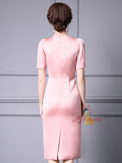 Pink Satin Short Sleeve Mother Of The Bride Dress