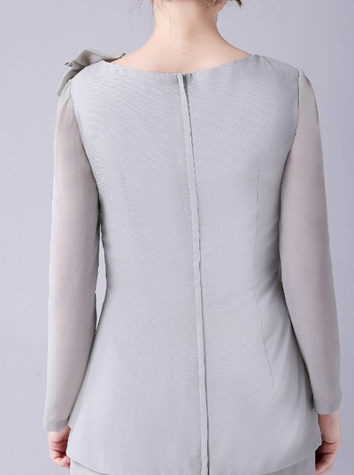 Gray Chiffon Long Sleeve Two Piece Mother Of The Bride Dress