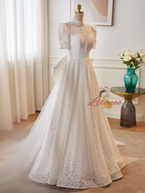 White Lace Tulle High Neck Wedding Dress