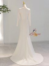 White Mermaid Long Sleeve Pleats Satin Wedding Dress