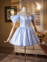 Blue Satin Beading Homecoming Dress