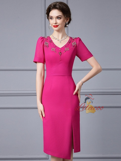 Fuchsia V-neck Split Mother Of the Brides Dress