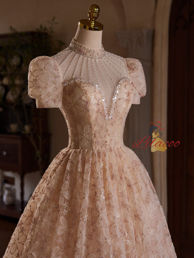 Champagne Lace Beading Prom Dress