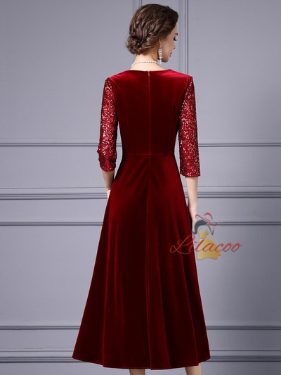 Burgundy Velvet Sequins Mother Of The Bride Dress
