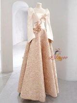 Champagne Long Sleeve 3D Flower Prom Dress