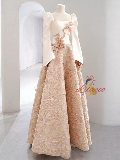 Champagne Long Sleeve 3D Flower Prom Dress