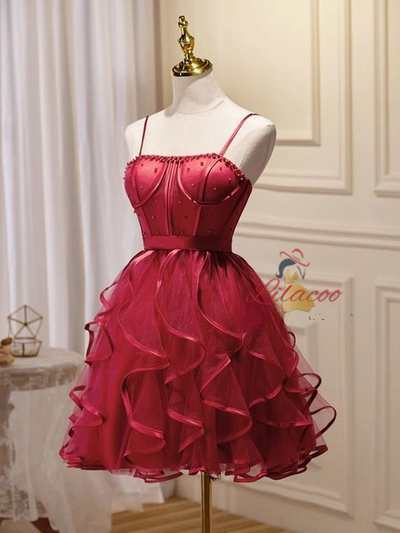 Burgundy Tulle Straps Pearls Homecoming Dress