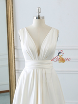 Ivory White Satin V-neck Backless Wedding Dress
