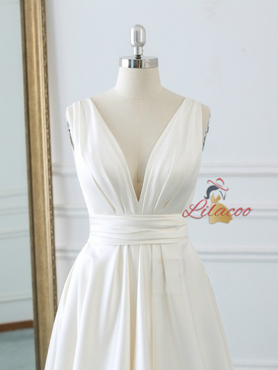 Ivory White Satin V-neck Backless Wedding Dress