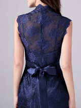 Navy Blue Mermaid Lace V-neck Mother Of The Bride Dress