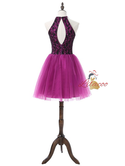 Purple Halter Tulle Lace Homecoming Dress