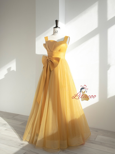 Yellow Tulle Straps Bow Pleats Prom Dress