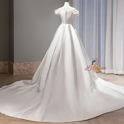 White Satin Off the Shoulder Flower Pleats Wedding Dress