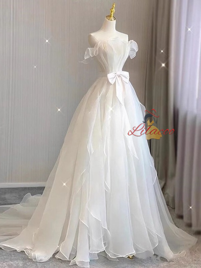 White Tulle Pleats Bow Wedding Dress