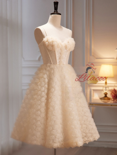 Champagne Tulle Straps Flower Homecoming Dress