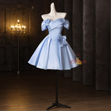 Blue Satin Flower Pleats Homecoming Dress