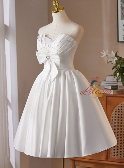 White Satin Strapless Pleats Bow Wedding Dress