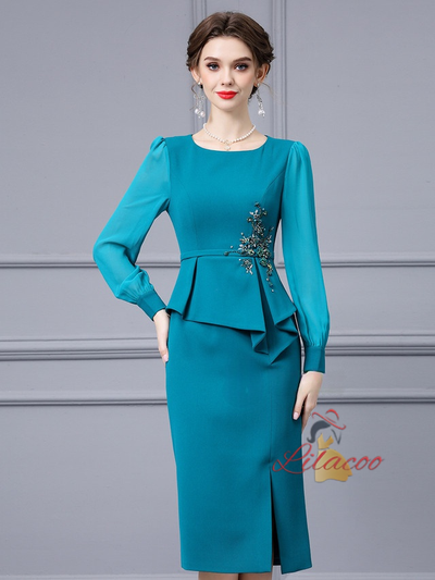 Lake Blue Long Sleeve Mother Of The Bride Dress