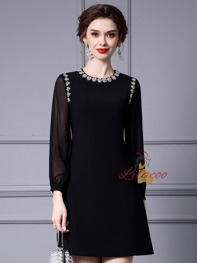 Black Long Sleeve Crystal Mother Of The Bride Dress