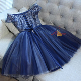 Blue Tulle Lace Off the Shoulder Homecoming Dress