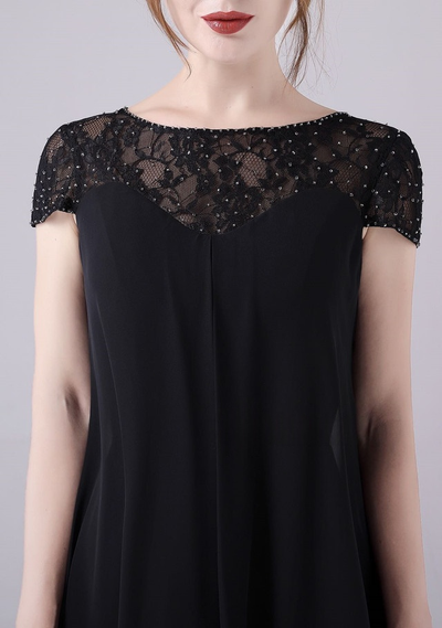 Black Chiffon Lace Cap Sleeve Mother Of The Bride Dress