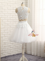 White Tulle Lace Two Piece Homecoming Dress