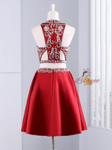 Red Satin Two Piece Beading Homecoming Dress