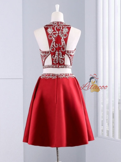 Red Satin Two Piece Beading Homecoming Dress