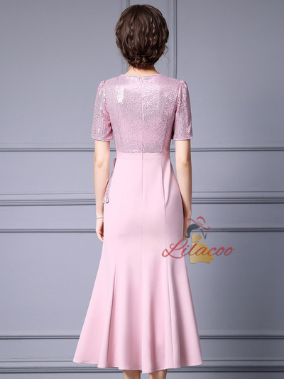 Pink Sequins Short Sleeve Mother Of The Bride Dress