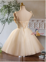 Champagne Tulle Straps Bow Homecoming Dress