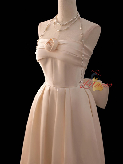 Ivory Satin Strapless Pleats Bow Wedding Dress